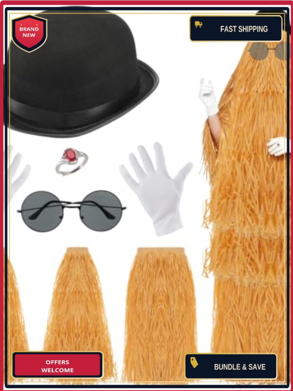 7 Pc Adult Cosplay Costume Set Retro Bowler Hat Sunglasses Grass Skirt Gloves